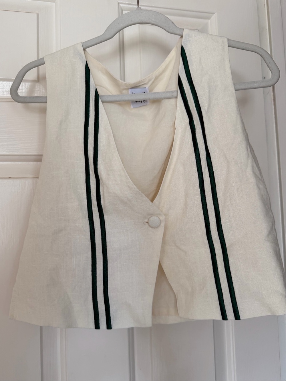Princess Polly Ivory V-Neck Crop Top with Dark Green Stripe Trim